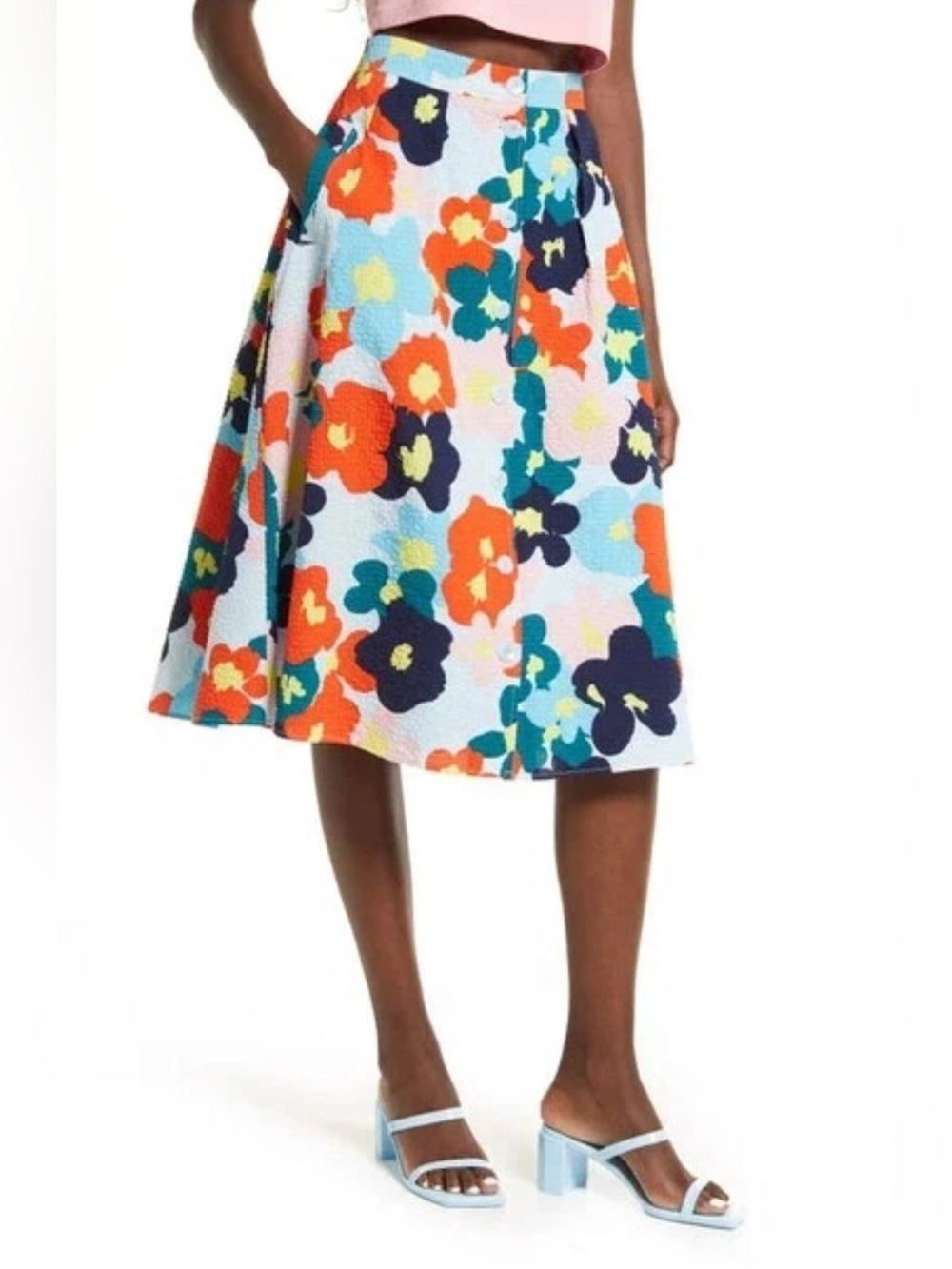 NWT Cristina Martinez Blue Floral Smudge Print Midi Skirt Size 14